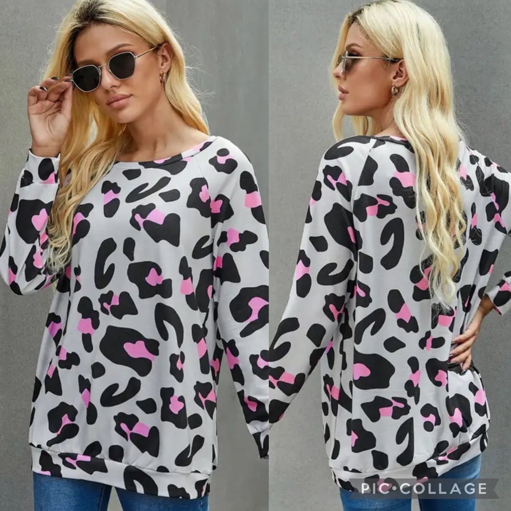 GRAY Leopard Long Sleeve Top for Women